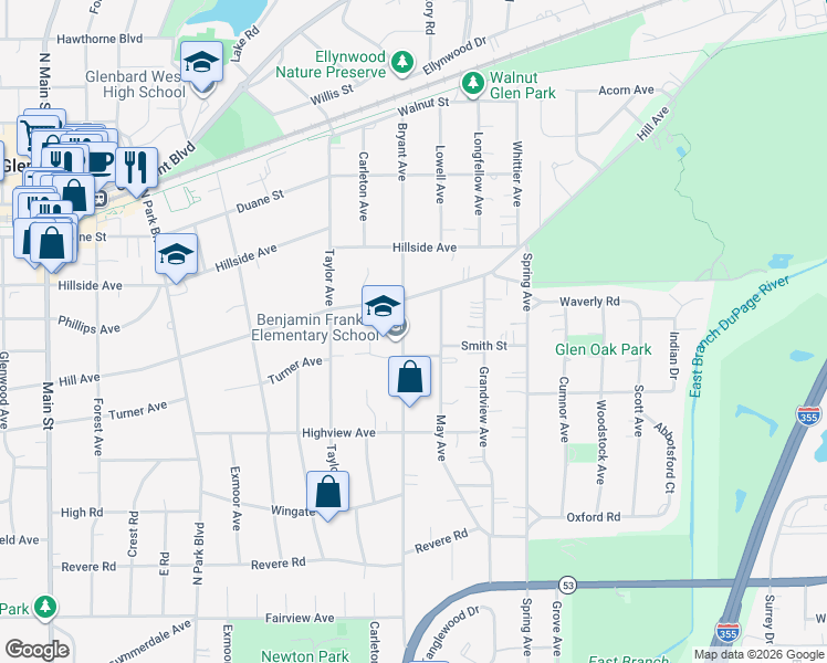 map of restaurants, bars, coffee shops, grocery stores, and more near 350 Bryant Avenue in Glen Ellyn