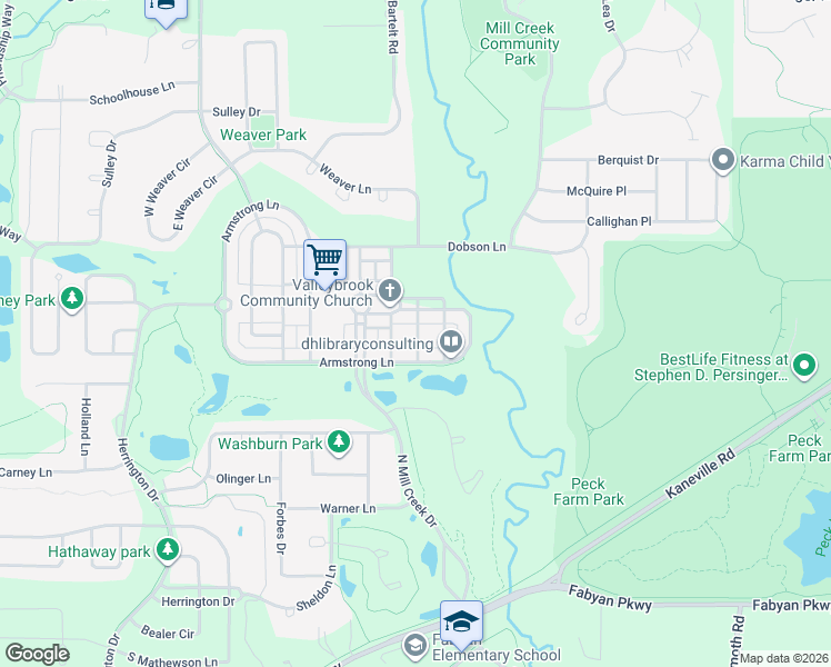 map of restaurants, bars, coffee shops, grocery stores, and more near Hilts Drive in Kane County