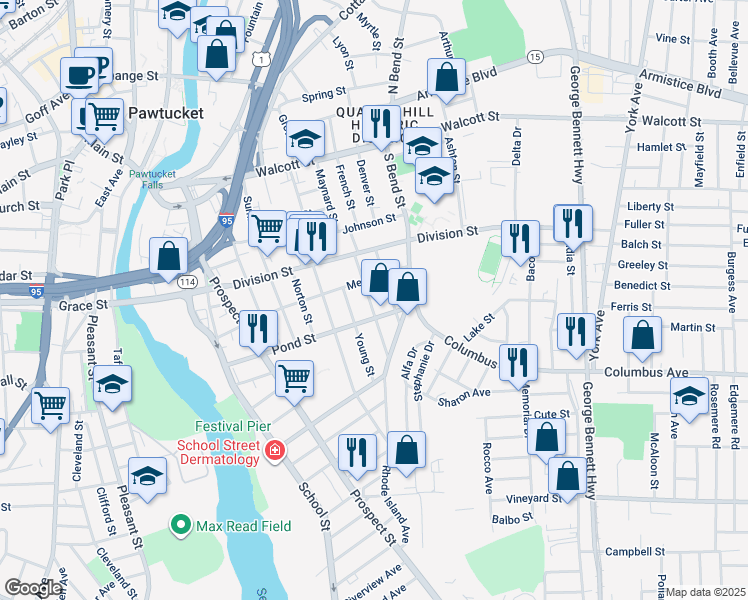 map of restaurants, bars, coffee shops, grocery stores, and more near 44 Arch Street in Pawtucket