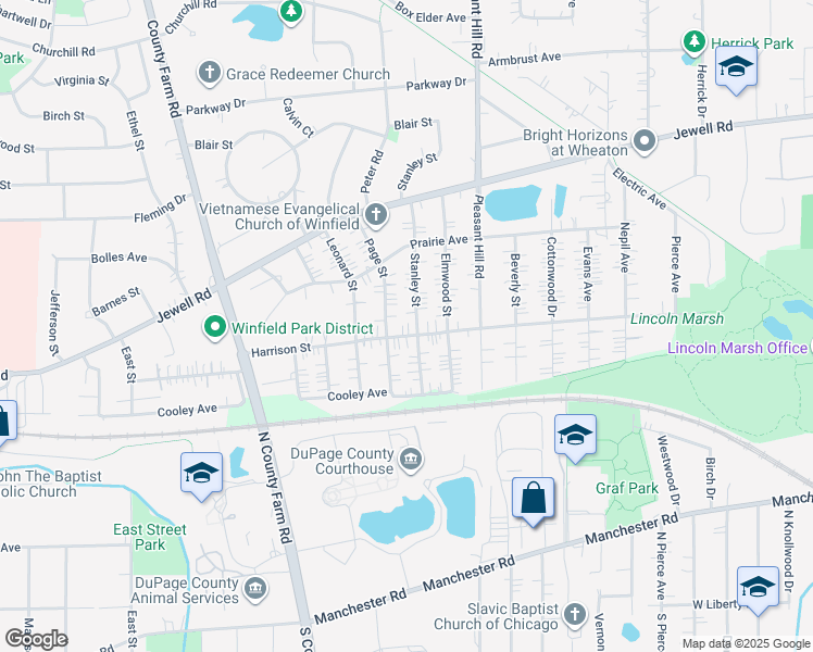 map of restaurants, bars, coffee shops, grocery stores, and more near 0N010 Stanley Street in Winfield