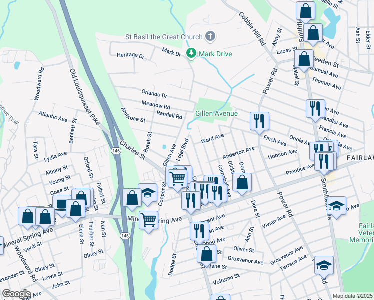 map of restaurants, bars, coffee shops, grocery stores, and more near 89 Cleveland Street in North Providence