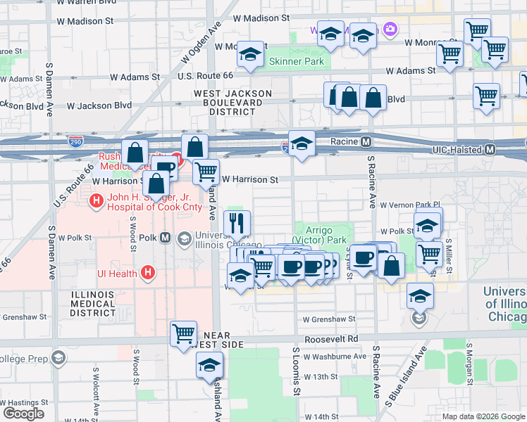 map of restaurants, bars, coffee shops, grocery stores, and more near 1430 West Lexington Street in Chicago