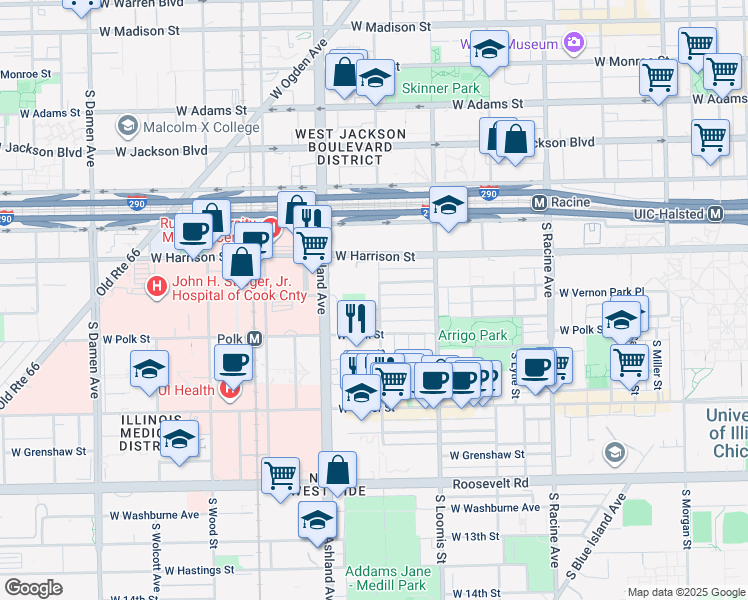 map of restaurants, bars, coffee shops, grocery stores, and more near 700 South Laflin Street in Chicago