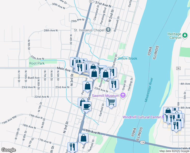 map of restaurants, bars, coffee shops, grocery stores, and more near 2300 North 2nd Street in Clinton
