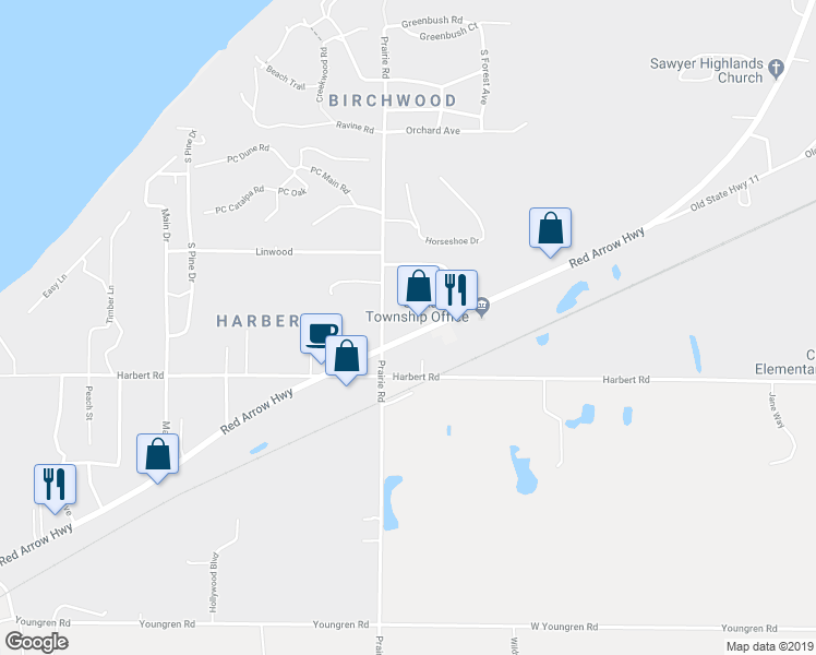 map of restaurants, bars, coffee shops, grocery stores, and more near 13662 Red Arrow Highway in Berrien County
