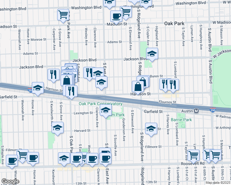 map of restaurants, bars, coffee shops, grocery stores, and more near 844 South Scoville Avenue in Oak Park