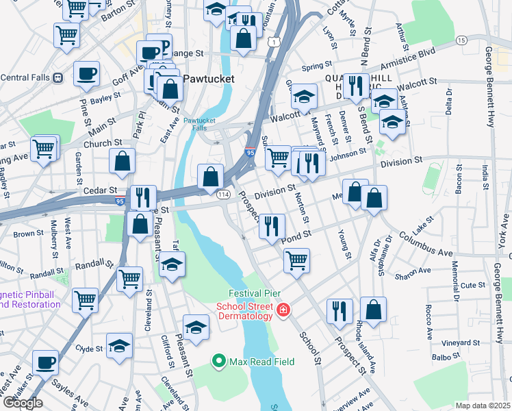 map of restaurants, bars, coffee shops, grocery stores, and more near 41 South Street in Pawtucket
