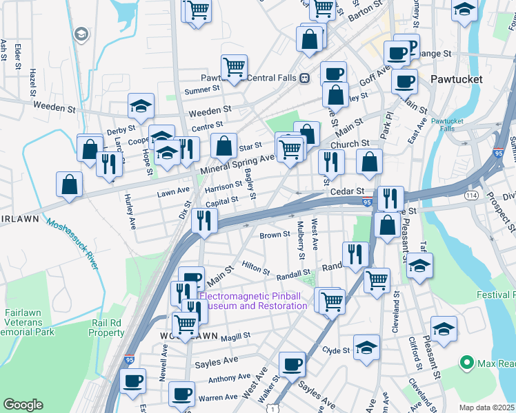 map of restaurants, bars, coffee shops, grocery stores, and more near 23 Quincy Avenue in Pawtucket