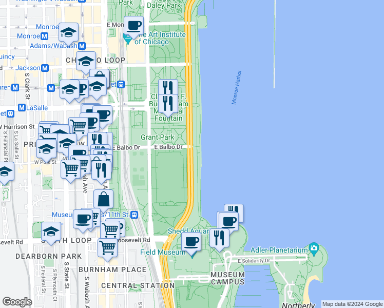 map of restaurants, bars, coffee shops, grocery stores, and more near 847 South Lake Shore Drive in Chicago