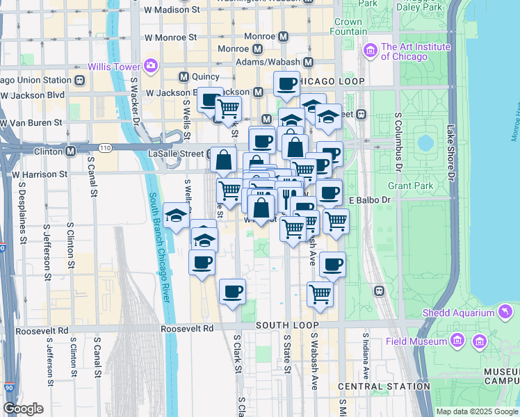 map of restaurants, bars, coffee shops, grocery stores, and more near 647 South Dearborn Street in Chicago