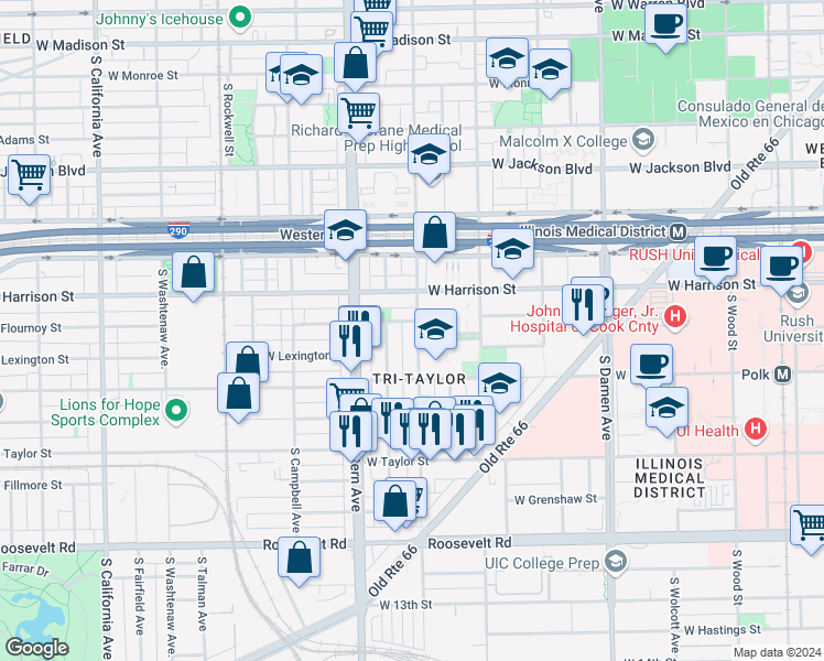 map of restaurants, bars, coffee shops, grocery stores, and more near in Chicago