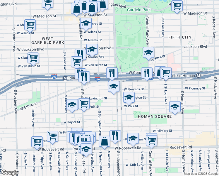 map of restaurants, bars, coffee shops, grocery stores, and more near 3827 West Flournoy Street in Chicago