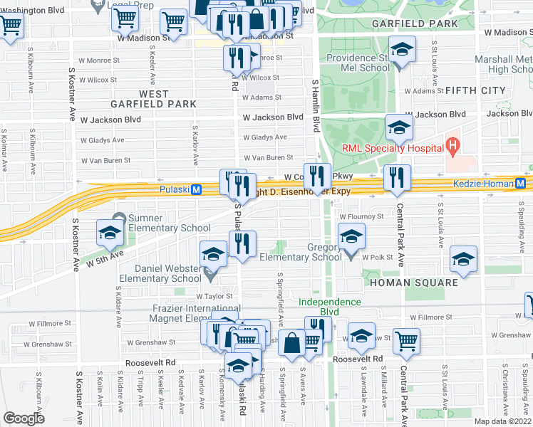 map of restaurants, bars, coffee shops, grocery stores, and more near 3863 West Flournoy Street in Chicago