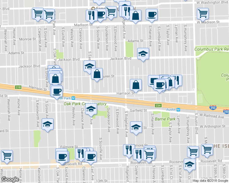 map of restaurants, bars, coffee shops, grocery stores, and more near 435 Harrison Street in Oak Park