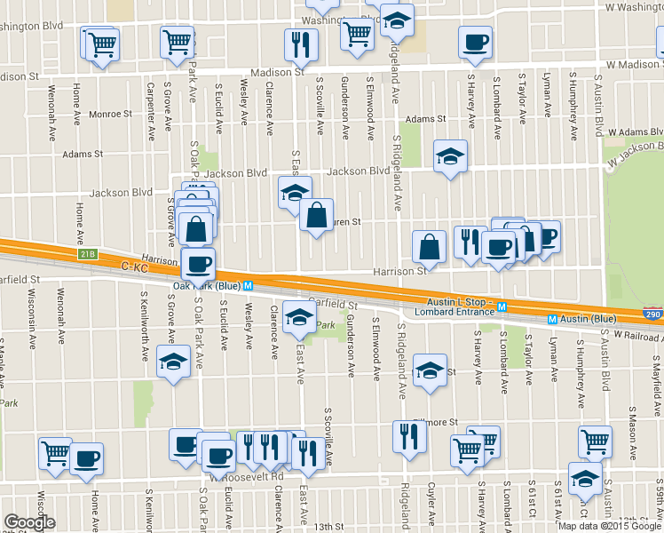 map of restaurants, bars, coffee shops, grocery stores, and more near 501 Harrison Street in Oak Park