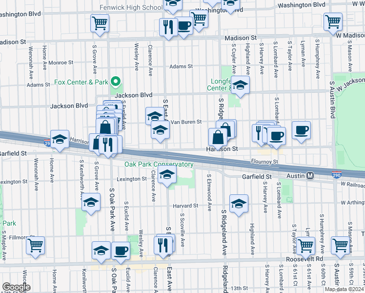 map of restaurants, bars, coffee shops, grocery stores, and more near 501 Harrison Street in Oak Park