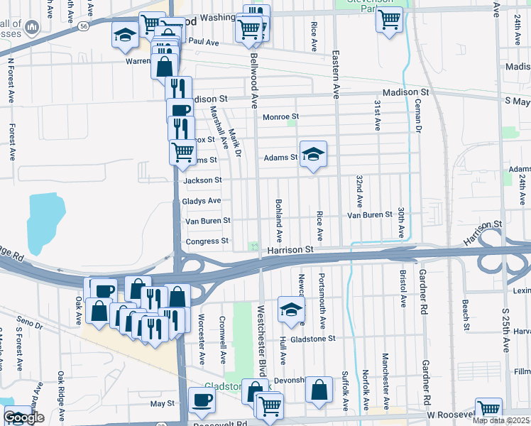 map of restaurants, bars, coffee shops, grocery stores, and more near 3619 Van Buren Street in Bellwood
