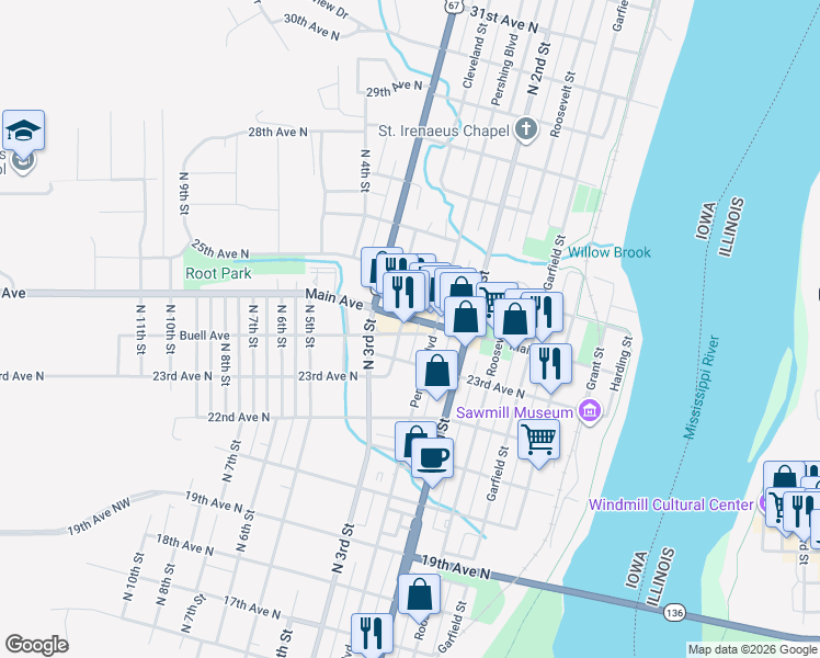 map of restaurants, bars, coffee shops, grocery stores, and more near Buell Ave in Clinton