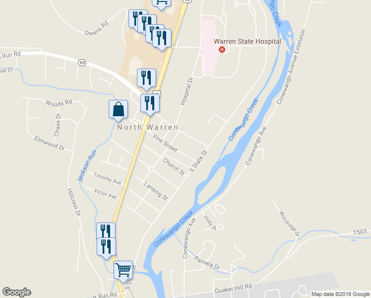 map of restaurants, bars, coffee shops, grocery stores, and more near 12 Vine Street in Warren