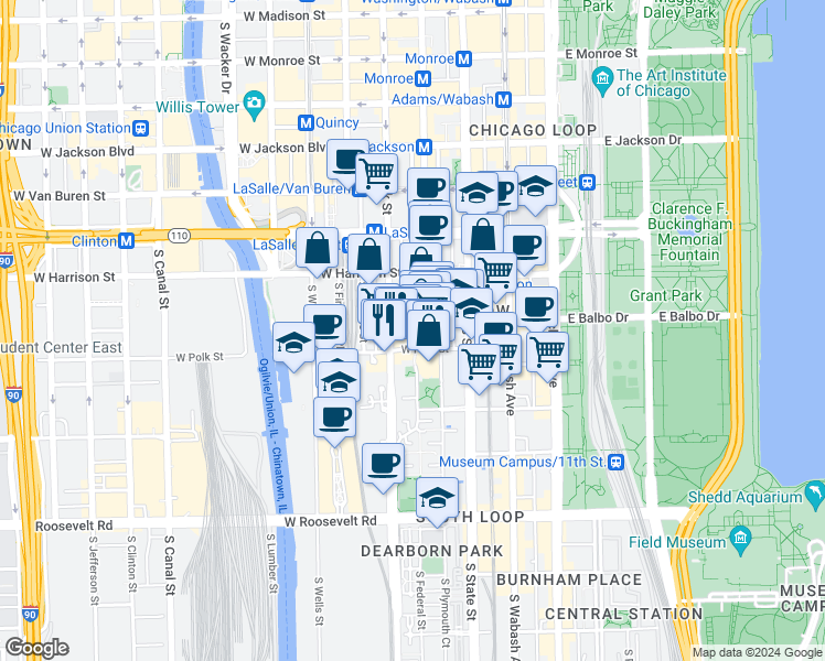 map of restaurants, bars, coffee shops, grocery stores, and more near 746 South Federal Street in Chicago