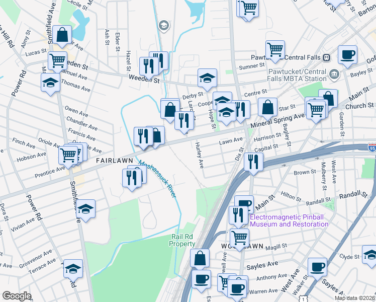 map of restaurants, bars, coffee shops, grocery stores, and more near 25 Willow Avenue in Pawtucket