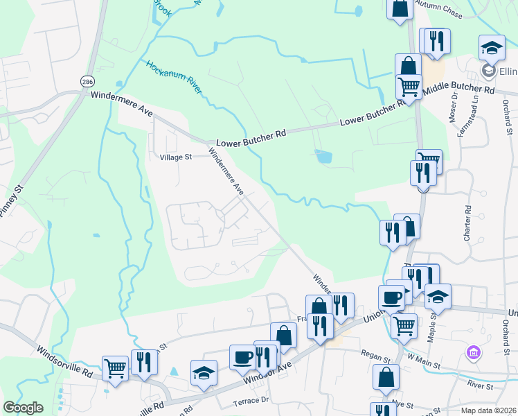 map of restaurants, bars, coffee shops, grocery stores, and more near 62 Windermere Village Road in Ellington