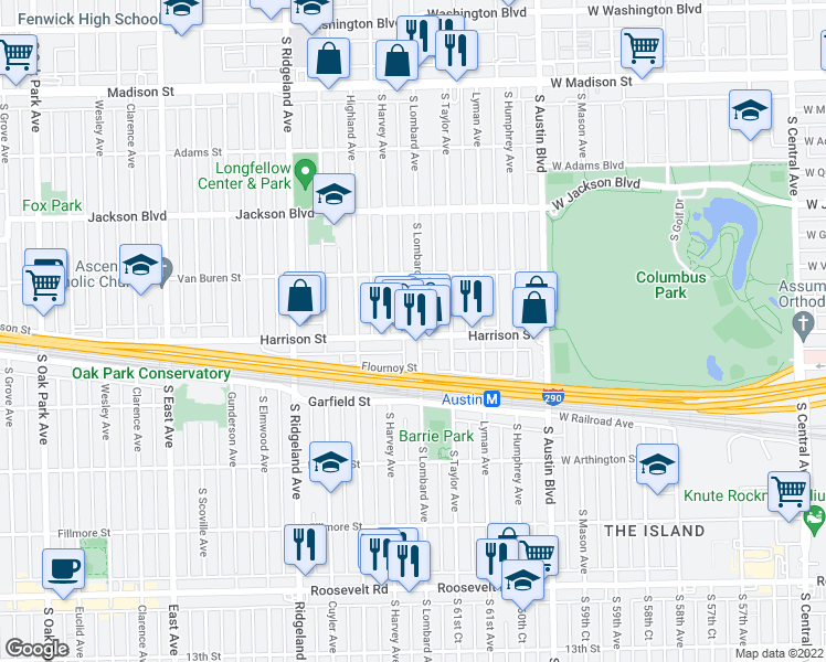 map of restaurants, bars, coffee shops, grocery stores, and more near 204 Harrison Street in Oak Park