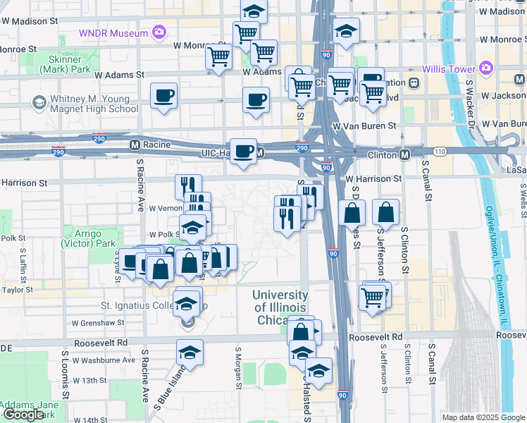 map of restaurants, bars, coffee shops, grocery stores, and more near 703 South Morgan Street in Chicago