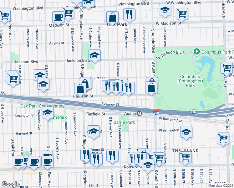 map of restaurants, bars, coffee shops, grocery stores, and more near 204 Harrison Street in Oak Park