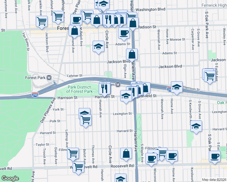 map of restaurants, bars, coffee shops, grocery stores, and more near 7300 Harrison Street in Forest Park