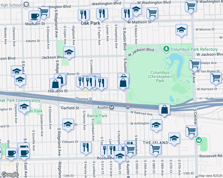 map of restaurants, bars, coffee shops, grocery stores, and more near 905 Lyman Avenue in Oak Park
