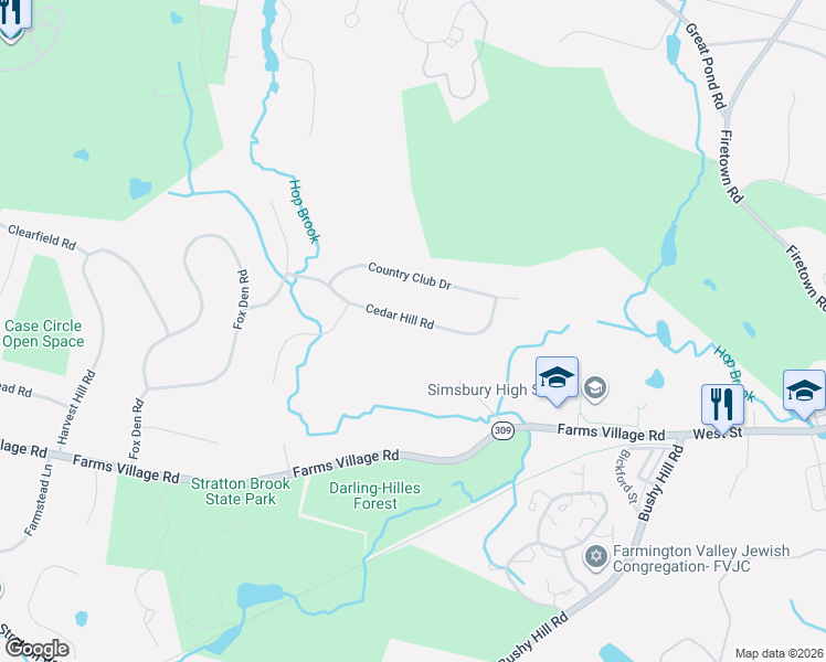 map of restaurants, bars, coffee shops, grocery stores, and more near 19 Cedar Hill Road in Simsbury