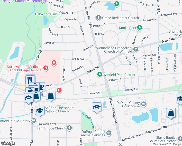 map of restaurants, bars, coffee shops, grocery stores, and more near N20 County Farm Road in Winfield