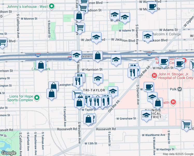 map of restaurants, bars, coffee shops, grocery stores, and more near 2201 West Campbell Park Drive in Chicago