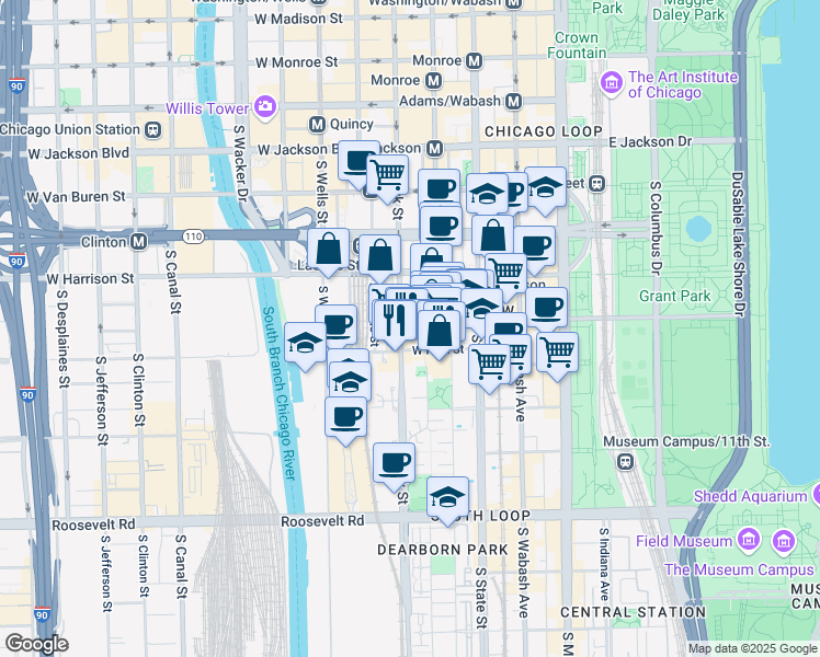 map of restaurants, bars, coffee shops, grocery stores, and more near 739 South Clark Street in Chicago