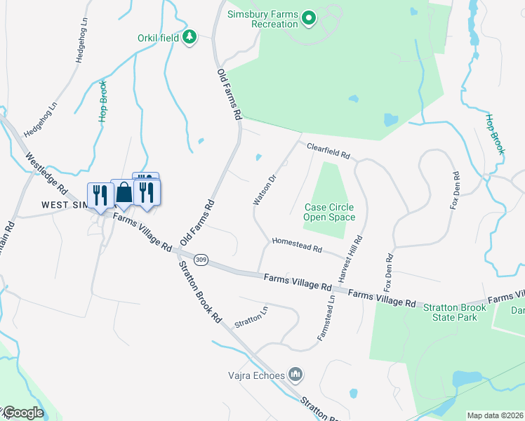 map of restaurants, bars, coffee shops, grocery stores, and more near 8 Watson Drive in Simsbury