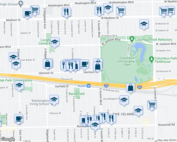 map of restaurants, bars, coffee shops, grocery stores, and more near 40 Harrison Street in Oak Park