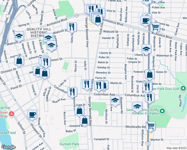 map of restaurants, bars, coffee shops, grocery stores, and more near 516 York Avenue in Pawtucket