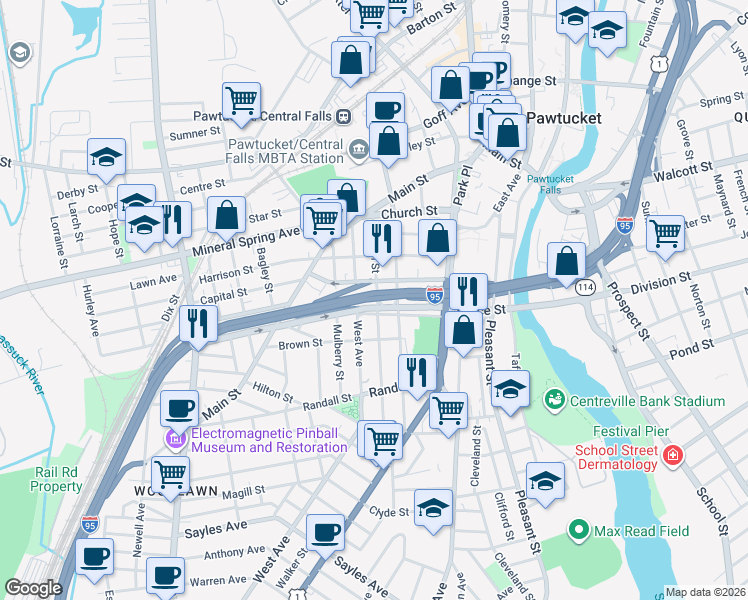 map of restaurants, bars, coffee shops, grocery stores, and more near 407 East Avenue in Pawtucket