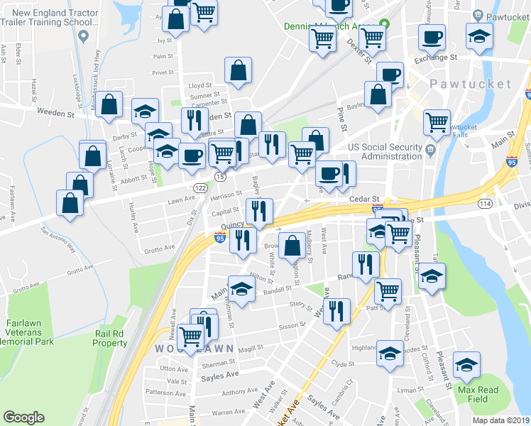 map of restaurants, bars, coffee shops, grocery stores, and more near 23 Quincy Avenue in Pawtucket
