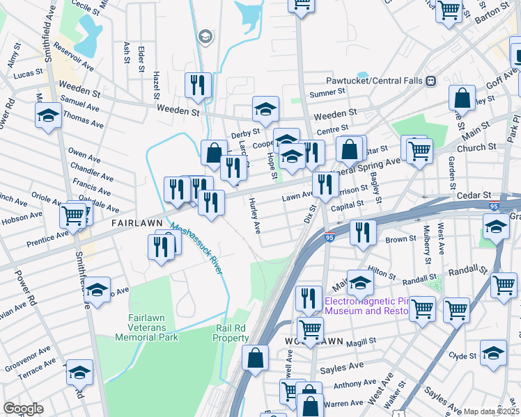 map of restaurants, bars, coffee shops, grocery stores, and more near 19 Hurley Avenue in Pawtucket