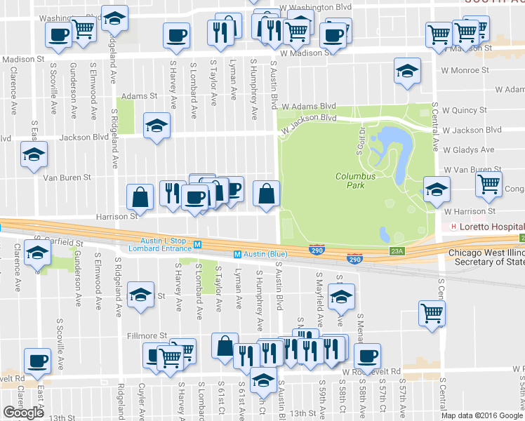 map of restaurants, bars, coffee shops, grocery stores, and more near 908 South Humphrey Avenue in Oak Park