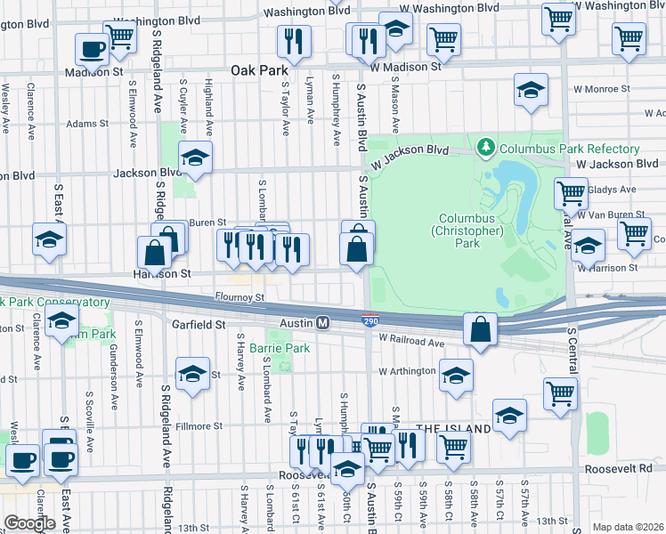 map of restaurants, bars, coffee shops, grocery stores, and more near 908 South Humphrey Avenue in Oak Park