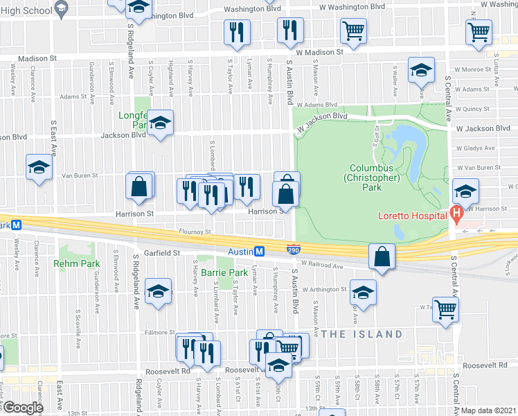 map of restaurants, bars, coffee shops, grocery stores, and more near 905 Lyman Avenue in Oak Park