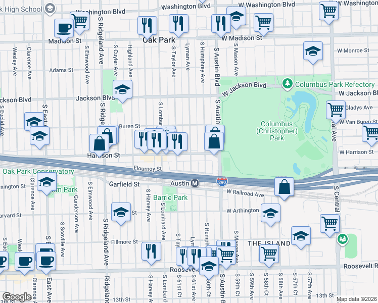 map of restaurants, bars, coffee shops, grocery stores, and more near 905 Lyman Avenue in Oak Park