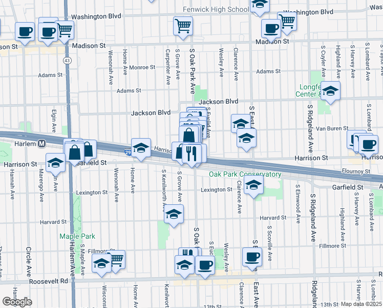 map of restaurants, bars, coffee shops, grocery stores, and more near 814 Harrison Street in Oak Park