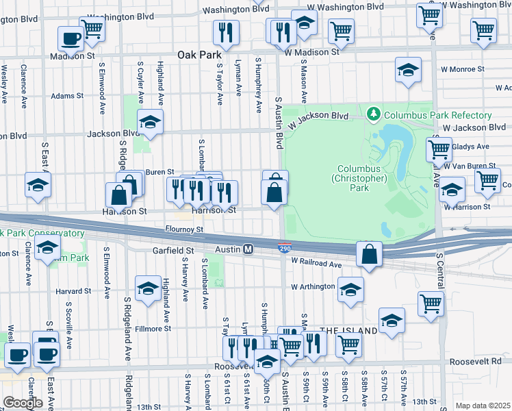 map of restaurants, bars, coffee shops, grocery stores, and more near 908 South Humphrey Avenue in Oak Park