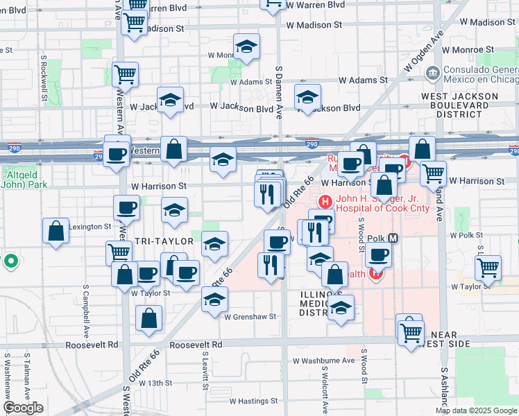 map of restaurants, bars, coffee shops, grocery stores, and more near 2200 W Polk St in Chicago