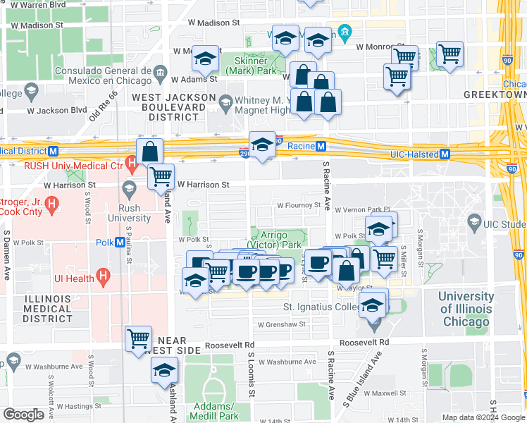 map of restaurants, bars, coffee shops, grocery stores, and more near 1337 West Flournoy Street in Chicago