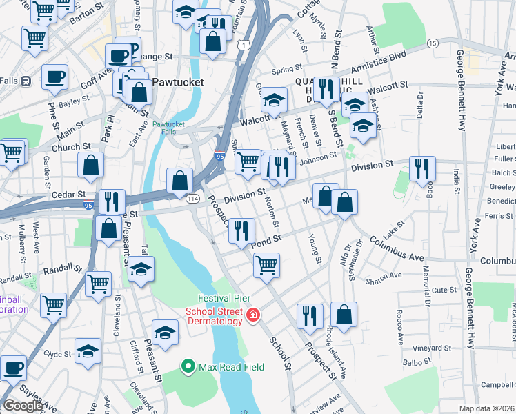 map of restaurants, bars, coffee shops, grocery stores, and more near 84 Meadow Street in Pawtucket